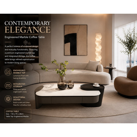 Austin Luxury Coffee Table with Engineered Marble Top & Storage