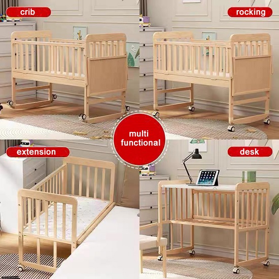 4-in-1 Multifunctional Wooden Baby Cot & Bedside Crib
